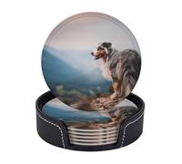 Cozimangoe Coasters 6 Pcs Set, 3.9in PU Leather Drink Coaster with Holder Insulation Easy Clean, Home Coffee Table Office Bar, Personalized Australian Shepherd Mountains Aussie Pets Dogs
