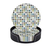 Cozimangoe Coasters 6 Pcs Set, 3.9in PU Leather Drink Coaster with Holder Insulation Easy Clean, Home Coffee Table Office Bar, Personalized Retro Mod Polka Dot Pattern