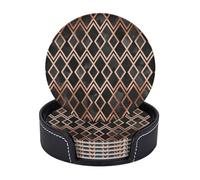 Cozimangoe Coasters 6 Pcs Set, 3.9in PU Leather Drink Coaster with Holder Insulation Easy Clean, Home Coffee Table Office Bar, Personalized Copper & Black Geo Diamonds