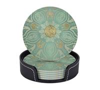 Cozimangoe Coasters 6 Pcs Set, 3.9in PU Leather Drink Coaster with Holder Insulation Easy Clean, Home Coffee Table Office Bar, Personalized Soft Sage Green And Gold Celtic Mandala