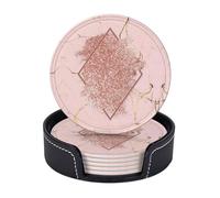 Cozimangoe Coasters 6 Pcs Set, 3.9in PU Leather Drink Coaster with Holder Insulation Easy Clean, Home Coffee Table Office Bar, Personalized Pink Gold Glitter With A Brownish Red Rhombus