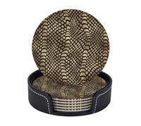 Cozimangoe Coasters 6 Pcs Set, 3.9in PU Leather Drink Coaster with Holder Insulation Easy Clean, Home Coffee Table Office Bar, Personalized Safari African Black Gold Python Animal Skin Sepia