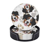 Cozimangoe Coasters 6 Pcs Set, 3.9in PU Leather Drink Coaster with Holder Insulation Easy Clean, Home Coffee Table Office Bar, Personalized Dog Paws Bernese Mountain Dog