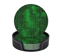 Cozimangoe Coasters 6 Pcs Set, 3.9in PU Leather Drink Coaster with Holder Insulation Easy Clean, Home Coffee Table Office Bar, Personalized Programmer Binary Data Coding