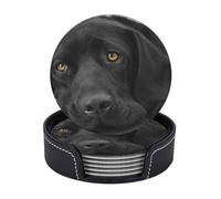 Cozimangoe Coasters 6 Pcs Set, 3.9in PU Leather Drink Coaster with Holder Insulation Easy Clean, Home Coffee Table Office Bar, Personalized Black Lab Labrador Dog Puppy Cute Dog