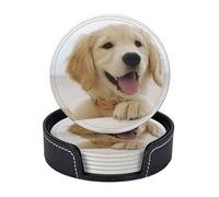 Cozimangoe Coasters 6 Pcs Set, 3.9in PU Leather Drink Coaster with Holder Insulation Easy Clean, Home Coffee Table Office Bar, Personalized A Golden Retriever
