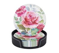 Cozimangoe Coasters 6 Pcs Set, 3.9in PU Leather Drink Coaster with Holder Insulation Easy Clean, Home Coffee Table Office Bar, Personalized Beautiful Flowers Rose Pink Flower Floral