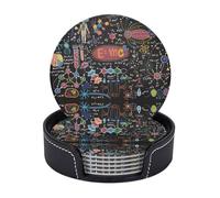 Cozimangoe Coasters 6 Pcs Set, 3.9in PU Leather Drink Coaster with Holder Insulation Easy Clean, Home Coffee Table Office Bar, Personalized Colorful Scientific Formulas Calculations Board