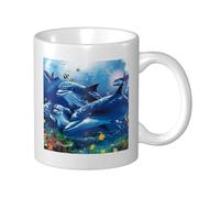 Cozimangoe Coffee Mug, 11OZ White Ceramic Resistant Durable Glossy for Women Men Mothers Day Gift Offices Home, Personalized Marine Life Blue Sea World Coral Dolphin