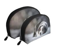 Cozimangoe Coin Pouch Makeup Bags Set, 2 Piece Shell Shape Cosmetic Bag with Pockets for Daily Travel Handbag Lipstick Keys Toiletry, Personalized Australian Shepherd Winter Snow White Gray Dogs