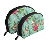 Cozimangoe Coin Pouch Makeup Bags Set, 2 Piece Shell Shape Cosmetic Bag with Pockets for Daily Travel Handbag Lipstick Keys Toiletry, Personalized Plumeria & Hibiscus Flowers Exotic Jungle Palm Leaf