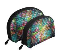 Cozimangoe Coin Pouch Makeup Bags Set, 2 Piece Shell Shape Cosmetic Bag with Pockets for Daily Travel Handbag Lipstick Keys Toiletry, Personalized Colorful Brick Wall