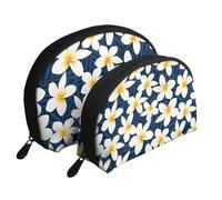 Cozimangoe Coin Pouch Makeup Bags Set, 2 Piece Shell Shape Cosmetic Bag with Pockets for Daily Travel Handbag Lipstick Keys Toiletry, Personalized Print Tropical White Frangipani Plumeria Flower