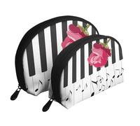 Cozimangoe Coin Pouch Makeup Bags Set, 2 Piece Shell Shape Cosmetic Bag with Pockets for Daily Travel Handbag Lipstick Keys Toiletry, Personalized Red Rose On Piano Musical Notes