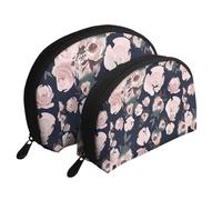 Cozimangoe Coin Pouch Makeup Bags Set, 2 Piece Shell Shape Cosmetic Bag with Pockets for Daily Travel Handbag Lipstick Keys Toiletry, Personalized Pink Watercolor Roses Dark Navy Blue Floral