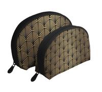 Cozimangoe Coin Pouch Makeup Bags Set, 2 Piece Shell Shape Cosmetic Bag with Pockets for Daily Travel Handbag Lipstick Keys Toiletry, Personalized Art Deco Pattern Seamless Black Gold