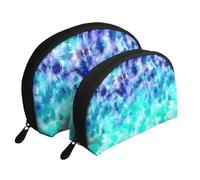 Cozimangoe Coin Pouch Makeup Bags Set, 2 Piece Shell Shape Cosmetic Bag with Pockets for Daily Travel Handbag Lipstick Keys Toiletry, Personalized Watercolor Teal Blue Tie Dye