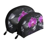 Cozimangoe Coin Pouch Makeup Bags Set, 2 Piece Shell Shape Cosmetic Bag with Pockets for Daily Travel Handbag Lipstick Keys Toiletry, Personalized Orchids On Black Stone Print