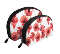 Cozimangoe Coin Pouch Makeup Bags Set, 2 Piece Shell Shape Cosmetic Bag with Pockets for Daily Travel Handbag Lipstick Keys Toiletry, Personalized Watercolor Painting Red Poppy Floral