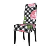 Cozimangoe Dining Chair Covers, High Stretch Removable Seat Covers,Stain Resistant Protective Slipcovers for Dining Room Kitchen Hotel Banquet, Print Roses On Black White Plaid