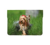 Cozimangoe Laptop Sleeve, 13-14 Inch PU Leather Computer Sleeve Bag, Water-Resistant Laptop Case Protective, School Office Travel, Personalized Yorkshire Terrier Lawn Cute Dogs Ummer Red Bow