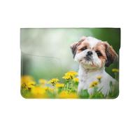 Cozimangoe Laptop Sleeve, 13-14 Inch PU Leather Computer Sleeve Bag, Water-Resistant Laptop Case Protective, School Office Travel, Personalized Shih Tzu Little Cute Dogs Curly Puppy Pets Field