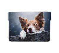 Cozimangoe Laptop Sleeve, 13-14 Inch PU Leather Computer Sleeve Bag, Water-Resistant Laptop Case Protective, School Office Travel, Personalized Brown Border Collie Bokeh God With Yellow Eyes