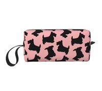 Cozimangoe Makeup Bag, Cosmetic Bag for Padded Travel Pouch Zippered Handle Multi-Purpose Small, School Work Trip Home Storage, Personalized Scottish Terrier Pattern Pink Black