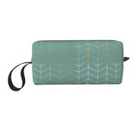 Cozimangoe Makeup Bag, Cosmetic Bag for Padded Travel Pouch Zippered Handle Multi-Purpose Small, School Work Trip Home Storage, Personalized Herringbone Pattern Faux Gold Foil Teal Geometric