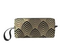 Cozimangoe Makeup Bag, Cosmetic Bag for Padded Travel Pouch Zippered Handle Multi-Purpose Small, School Work Trip Home Storage, Personalized Art Deco Black Champaigne Gold Scales Seashells