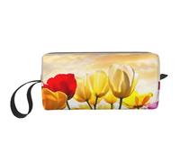 Cozimangoe Makeup Bag, Cosmetic Bag for Padded Travel Pouch Zippered Handle Multi-Purpose Small, School Work Trip Home Storage, Personalized Tulip Flower Sunset