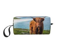 Cozimangoe Makeup Bag, Cosmetic Bag for Padded Travel Pouch Zippered Handle Multi-Purpose Small, School Work Trip Home Storage, Personalized Highland Cow by The Sea