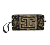 Cozimangoe Makeup Bag, Cosmetic Bag for Padded Travel Pouch Zippered Handle Multi-Purpose Small, School Work Trip Home Storage, Personalized Grunge Spotted Gold Silver D Greek