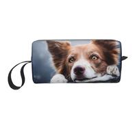 Cozimangoe Makeup Bag, Cosmetic Bag for Padded Travel Pouch Zippered Handle Multi-Purpose Small, School Work Trip Home Storage, Personalized Brown Border Collie Bokeh God with Yellow Eyes