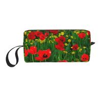 Cozimangoe Makeup Bag, Cosmetic Bag for Padded Travel Pouch Zippered Handle Multi-Purpose Small, School Work Trip Home Storage, Personalized Red Poppy Field Farm Meadow Landscape Print