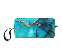 Cozimangoe Makeup Bag, Cosmetic Bag for Padded Travel Pouch Zippered Handle Multi-Purpose Small, School Work Trip Home Storage, Personalized Trendy Abstract Teal Gold Swirls