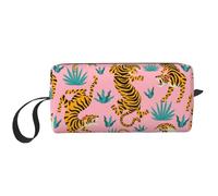 Cozimangoe Makeup Bag, Cosmetic Bag for Padded Travel Pouch Zippered Handle Multi-Purpose Small, School Work Trip Home Storage, Personalized Tigers Dancing On Pink Asian Tiger Gold Orange and Black