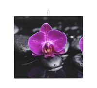 Cozimangoe Orchids On Black Stone Print, Dish Drying Mat, 18x16 Inch Absorbent Microfiber Quick Dry Machine Washable for Dishes Pots Pans Glassware Coffee Bar Under Rack