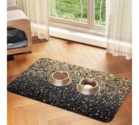 Cozimangoe Pet Food Mat, 17.72 x 11.81in Fast Drying Dog Bowl Mat Rubber Backing Scratch Resistant PU, Minimizes Spills on Hardwood Floors, Golden Glitter Black Gold Dots