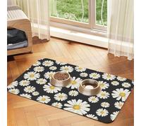 Cozimangoe Pet Food Mat, 17.72 x 11.81in Fast Drying Dog Bowl Mat Rubber Backing Scratch Resistant PU, Minimizes Spills on Hardwood Floors, Beautiful White Daisies