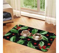 Cozimangoe Pet Food Mat, 23.62 x 15.75in Fast Drying Dog Bowl Mat Rubber Backing Scratch Resistant PU, Minimizes Spills on Hardwood Floors, Merry Christmas Holly