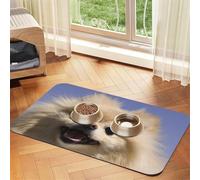 Cozimangoe Pet Food Mat, 23.62 x 15.75in Fast Drying Dog Bowl Mat Rubber Backing Scratch Resistant PU, Minimizes Spills on Hardwood Floors, Happy Pomeranian Printed