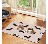 Cozimangoe Pet Food Mat, 23.62 x 15.75in Fast Drying Dog Bowl Mat Rubber Backing Scratch Resistant PU, Minimizes Spills on Hardwood Floors, Cartoon Happy Dachshund Pattern