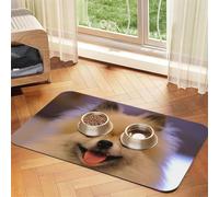 Cozimangoe Pet Food Mat, 23.62 x 15.75in Fast Drying Dog Bowl Mat Rubber Backing Scratch Resistant PU, Minimizes Spills on Hardwood Floors, Happy Short-Haired Pomeranian Printed