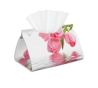 Cozimangoe Tissue Box Cover, PU Leather Waterproof Triangle with Snap Napkin Holder, Bathroom Vanity Kitchen Office, Personalized Tulip Water Effect Fresh Lovely Flower Pink