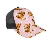 Cozimangoe Trucker Hat, Breathable Mesh Back Baseball Cap with Quick-Dry Sweatband and Adjustable, Outdoor Travel Sports All Seasons, Personalized Circus Animal Cute Tigers On The Pink Background