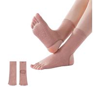 CoziSox 2 Pairs Yoga Socks, Non-Slip Grip Socks, Five Finger Toe Socks for Women with Silicone Grips, Open Toe Open Heel for Barre Yoga Ballet Reformer Pilates, Breathable Cotton UK 2.5-8 (Beige)