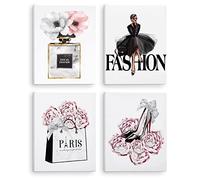 CoziTech Fashion Women Canvas Wall Art Framed, Modern Artwork for Girls Bedroom Wall Décor Pink Flowers Perfume Art Print Handbag High Heel Wall Picture, Gift for woman, Gift for Girls. Set of 4.