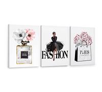 CoziTech Framed Fashion Women Canvas Wall Art for Girls Bedroom Decor, Flower Modern Pink Wall Art , Perfume Handbag Prints Wall Pictures, Gift for Woman Gift for Girls. Set of 3. 12x16 in - (Ready to