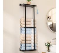 Cozivolife Bamboo Towel Rack for Bathroom with 2 Hooks, 32.7 inch with Shelf Wall Mounted Bathrobe Storage Organizer, Large Capacity Holder for Bathe- and Hand Towels (Black)